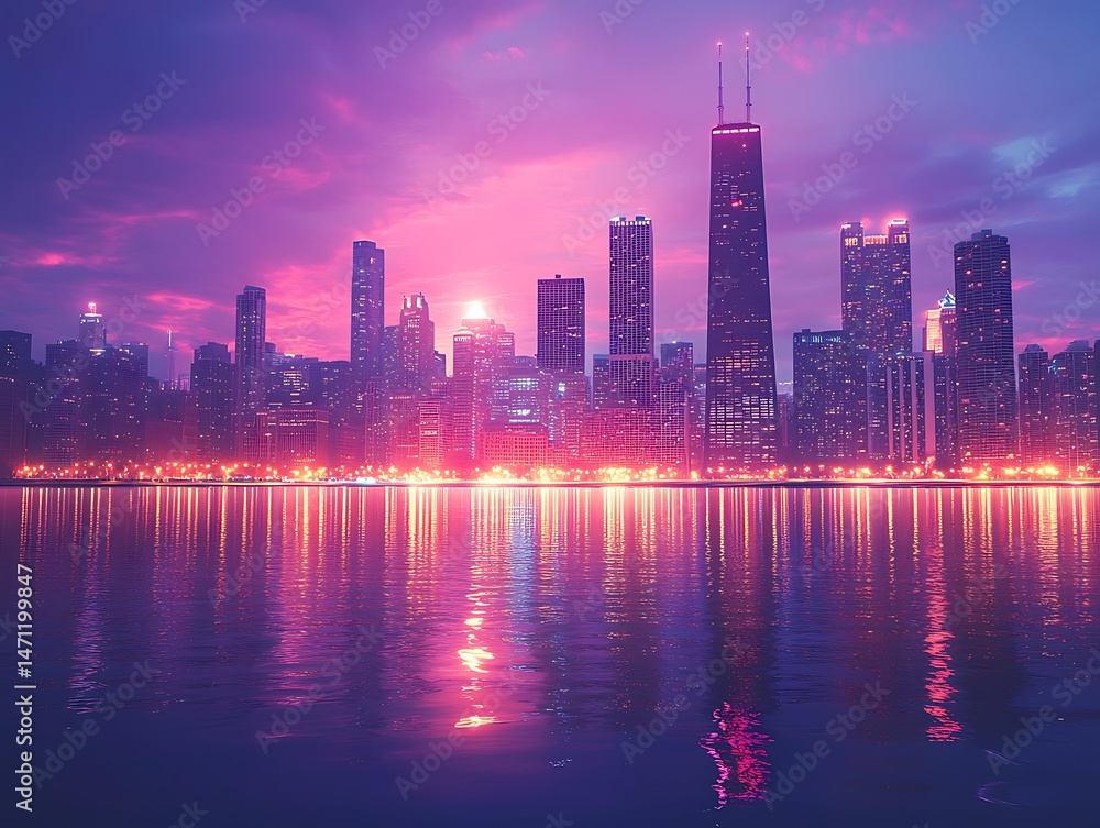 Fototapeta premium Vibrant Sunset Colors Behind Chicago Cityscape high resolution image