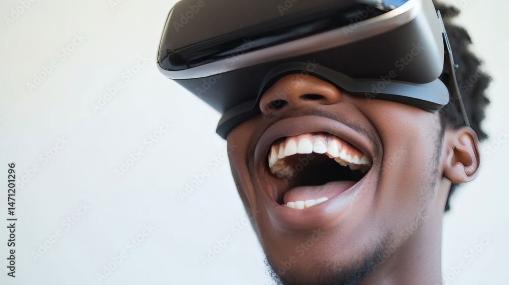 Fototapeta premium A smiling man wearing a virtual reality headset is enjoying himself