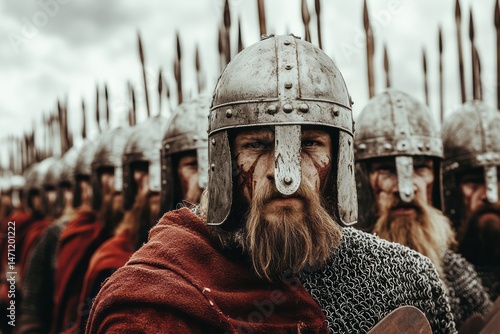 A formidable warrior at the forefront of a medieval army.