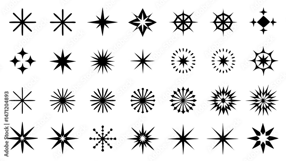 Collection of black and white starburst and sparkle vector design elements Collection of black and white starburst and sparkle vector design elements