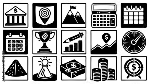 Black and white financial and business icons representing various concepts