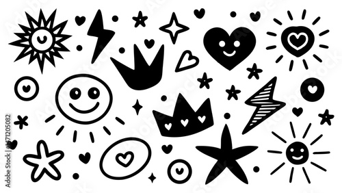 Hand drawn doodle elements collection featuring hearts stars crowns and smiles for design projects