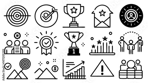 Vector icons representing success teamwork targets achievements and winning concepts