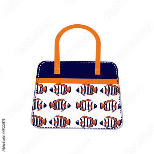 Beach bag. Fashionable beach accessory with vibrant tropical fish print, flat illustration. For summer, travel and vacation concepts.