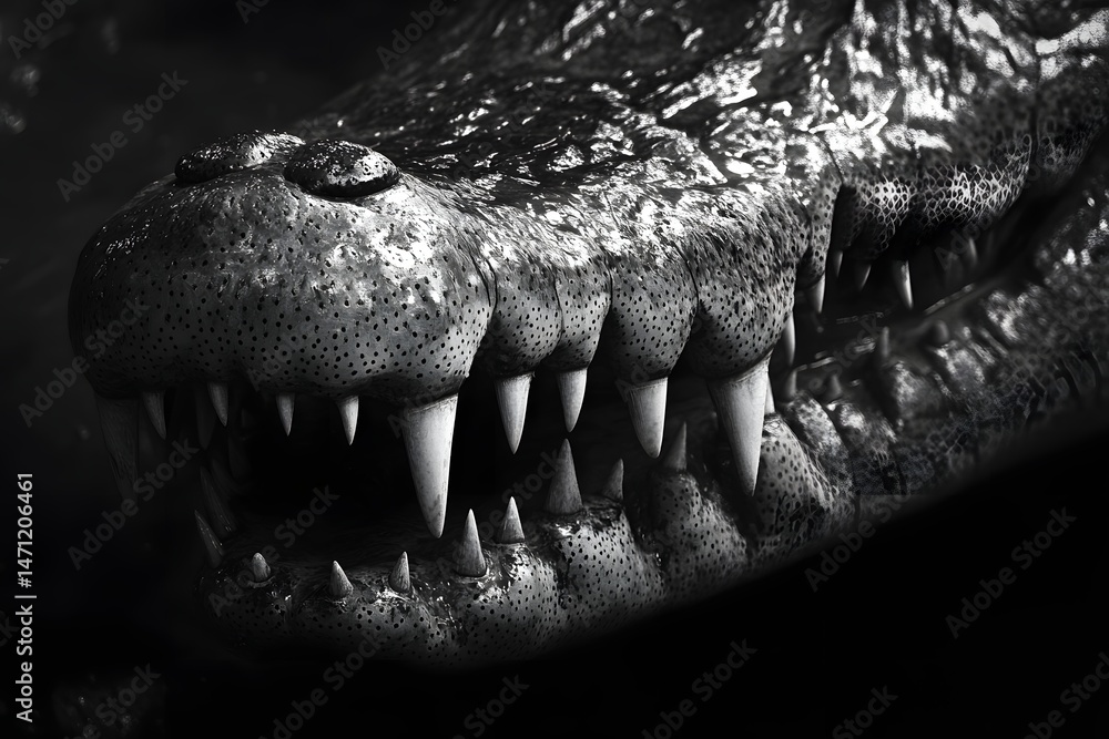 Fototapeta premium Crocodile Jaw Close-up, Monochrome
