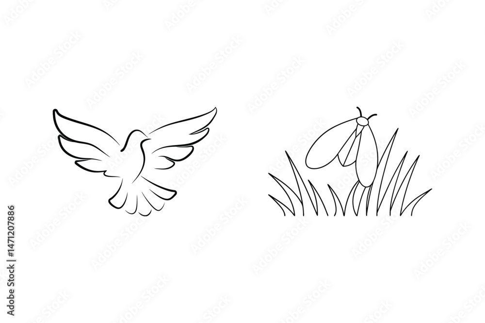 Simple black line art illustrations of a dove in flight and a moth in grass Simple black line art illustrations of a dove in flight and a moth in grass