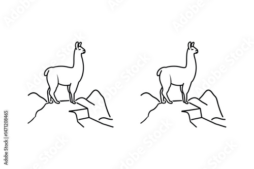 Two line drawings of llamas standing proudly on rocky terrain in black and white