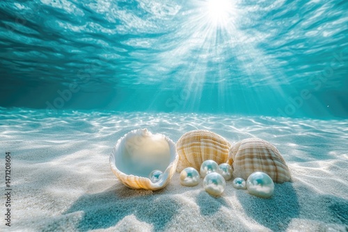 Fototapeta Naklejka Na Ścianę i Meble -  Underwater seashells and pearls on sandy beach
