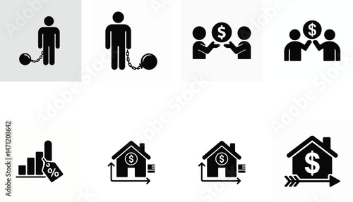 Real estate icon set. Collection includes icons as real estate agent, house with dollar symbol, man with money bag, property investment, mortgage, loan and more.