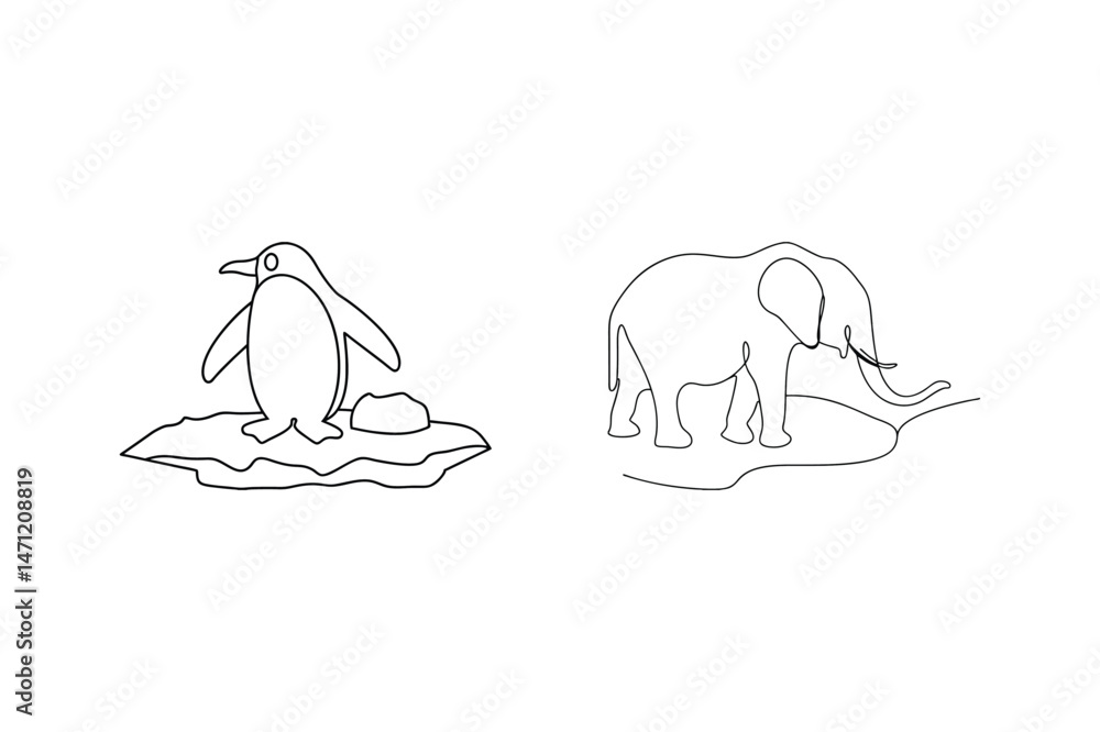 Obraz premium Minimalist line drawing of penguin and elephant animals in black and white style
