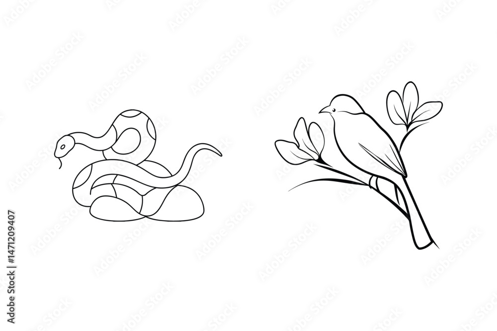 Naklejka premium Elegant line art illustration of snake and bird with nature and wildlife elements