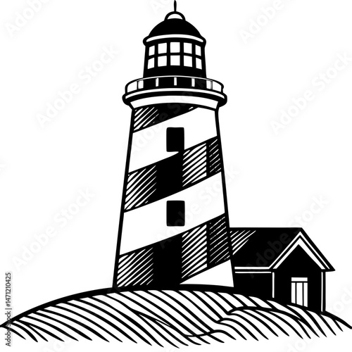 Lighthouse Silhouette Vector , Nautical Black and White Coastal Scene