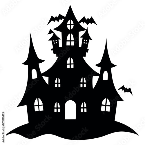 Halooween Haunted House with Bats - Spooky Mansion in Black and White Illustration with Gothic Architecture