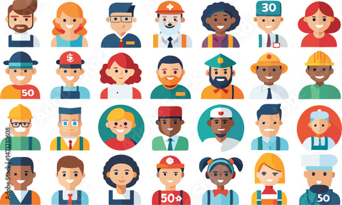 Graphic Illustration of Labor Day with People Engaged in Various Jobs