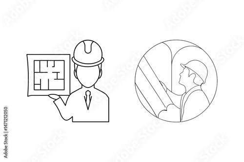 Illustrated line art depicting architects and builders examining blueprints and structures