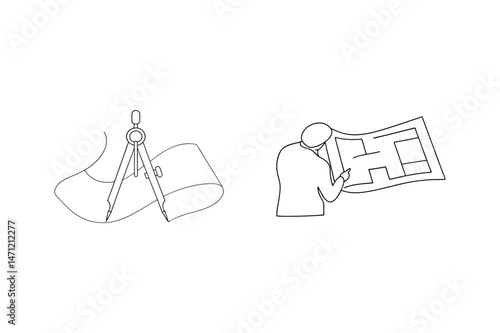 Architectural blueprint and drafting compass symbolic of design and construction planning