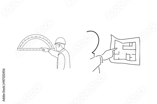 Architectural design and planning illustrated with a protractor and floorplan diagrams
