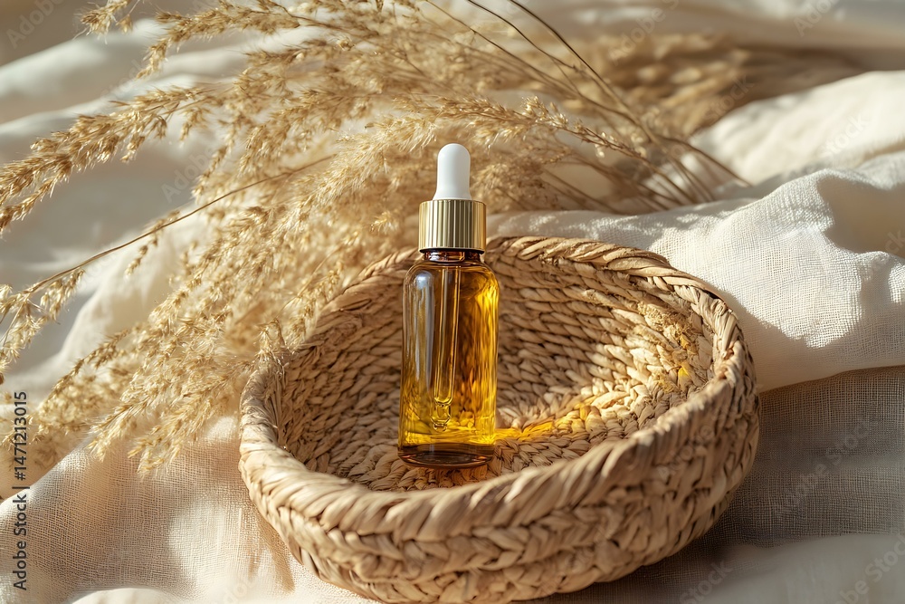 Fototapeta premium Serene Arrangement of Essential Oils on a Woven Basket Amidst a Calm Natural Setting