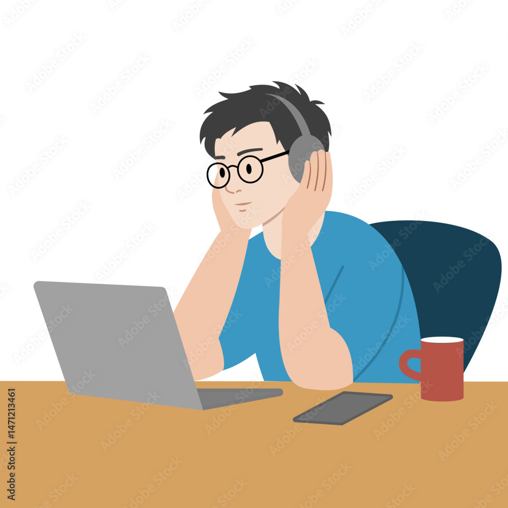 Boy wearing headphones uses laptop. Learning foreign language concept Boy wearing headphones uses laptop. Learning foreign language concept