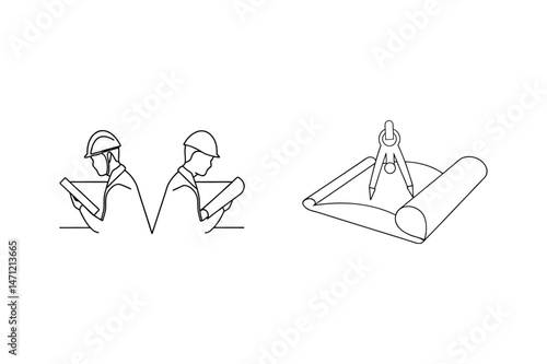 Line art illustration of architects with blueprints and compass for construction designs