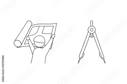 Architect with draft and compass depicting architectural design plans and drawing tools