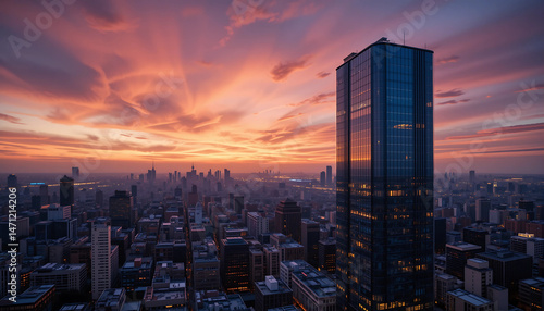 Dramatic Dawn Over Johannesburg Skyline with Prominent High-Rise