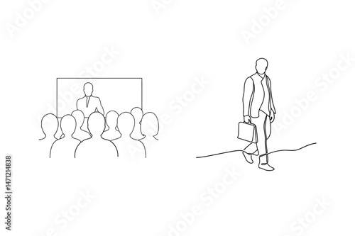 Minimalist business presentation and professional walking with a briefcase concept in line art