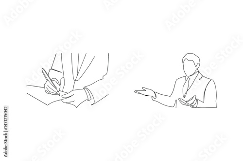 Business professionals signing documents and giving presentation in modern continuous line art