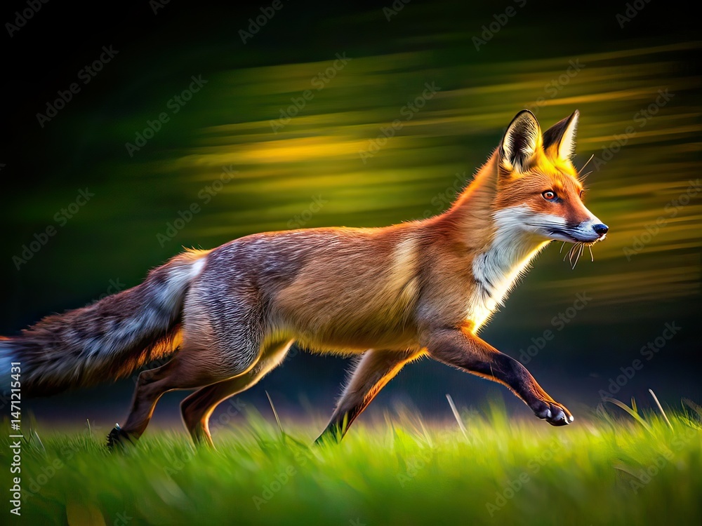 Obraz premium Red Fox Running Long Exposure, Wildlife Photography, Night Vision, Blurred Motion, Nature