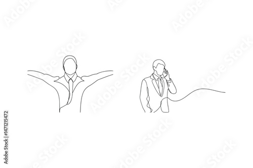 Business professional figures depicted in minimalist continuous line drawing style on white