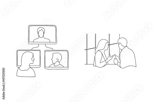 Business communication and collaboration concepts depicted through line art illustrations