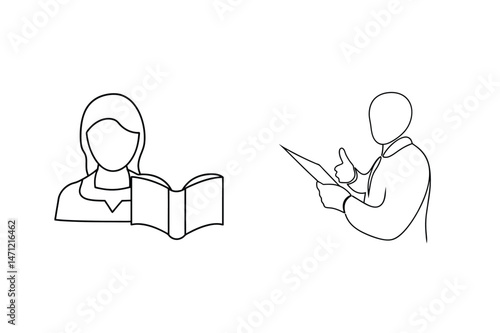 Outlined illustration of reading person and person approving concept of information.
