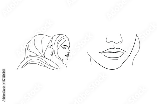 Elegant minimalist line drawing depicting two women in hijabs and partial face details