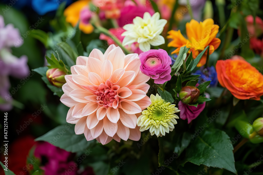 Vibrant bouquet of assorted flowers showcasing dahlia, ranunculus, and zinnia in various colors Vibrant bouquet of assorted flowers showcasing dahlia, ranunculus, and zinnia in various colors