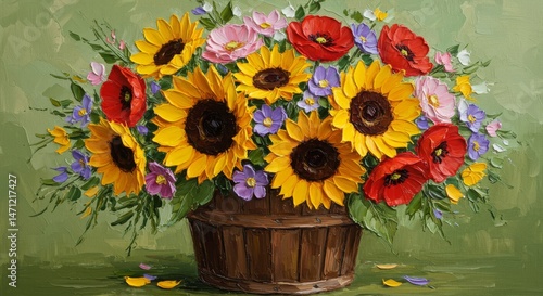 Vibrant floral bouquet in a wooden basket, painted with meticulous detail.