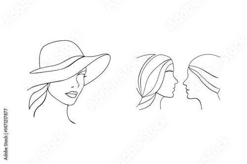Elegant line art of women in hats and profiles against a clean white background