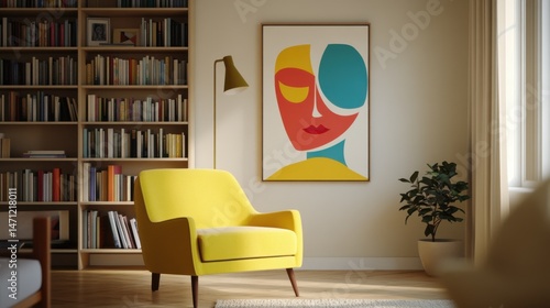 Bright modern living space, cozy yellow armchair next to bookshelf, colorful artwork on wall, perfect for relaxation and creativity.
