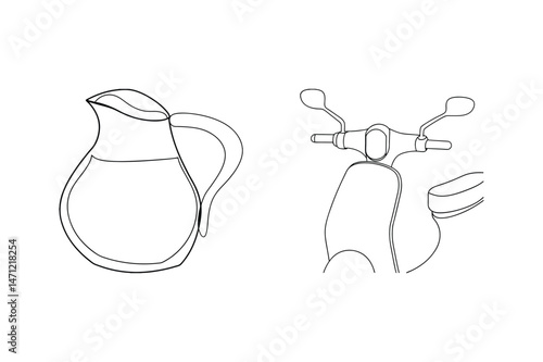 Minimalist outline illustration of a pitcher with water and classic scooter on white