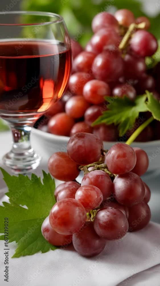 Elegant glass of red wine next to a bowl overflowing with crimson grapes on a white tablecloth, showcasing a ripe, rich vintage Elegant glass of red wine next to a bowl overflowing with crimson grapes on a white tablecloth, showcasing a ripe, rich vintage