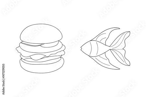 Simple line drawing of a hamburger next to a goldfish on a white background.