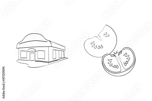 Minimalist line art illustration of a restaurant building and sliced tomato on white background