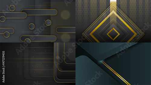 Set Abstract Collection Dark Black Gold Material Modern Background With Golden Lines Stripes Shadows Backdrop Wallpaper Decoration Vector Design Style