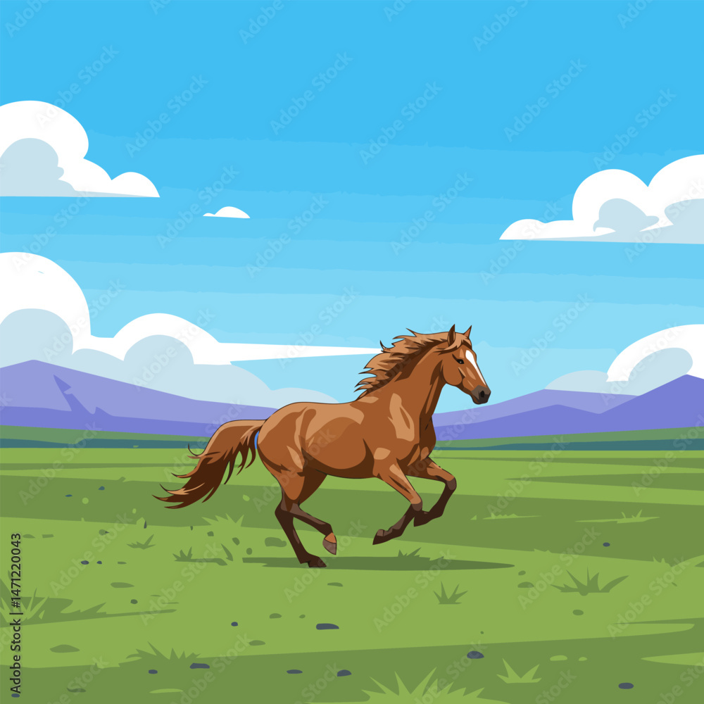 Horse Running Freely in a Green Meadow on a Sunny Day Horse Running Freely in a Green Meadow on a Sunny Day