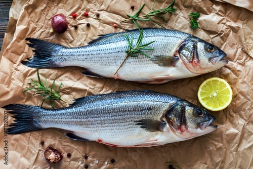 fresh whole sea bass fish on brown crumpled paper, top view