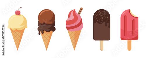 Ice cream colorful vector set. Summer popsicle and waffle cones on white background