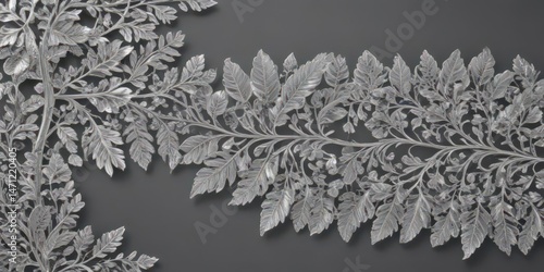 Intricate silver leaf lace, shimmering border  ,  foil,  close-up,  elegant