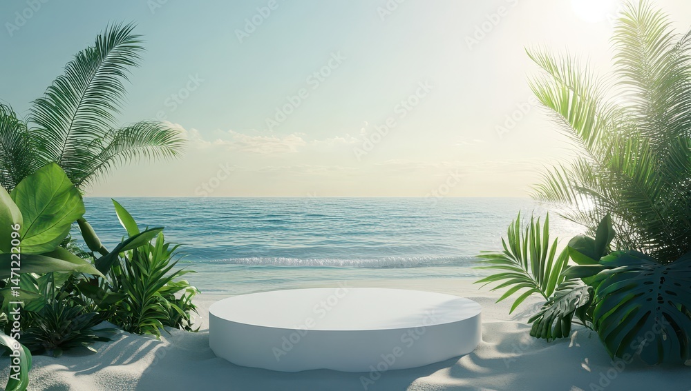 Coastal product display podium, tropical beach setting Coastal product display podium, tropical beach setting