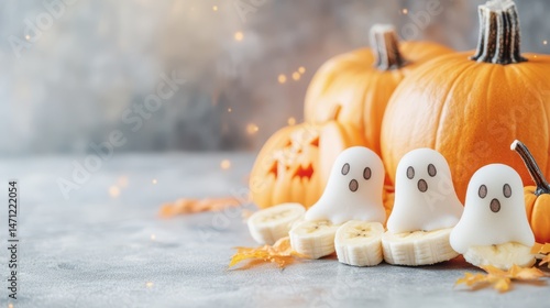 Halloween Feast: A festive Halloween still life featuring a carved pumpkin, a collection of ripe pumpkins, and playful banana ghosts, setting the perfect tone for a spooky celebration. 