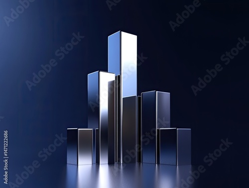 Modern city skyline, metallic, reflective, abstract.  A group of tall, rectangular buildings, mirroring light