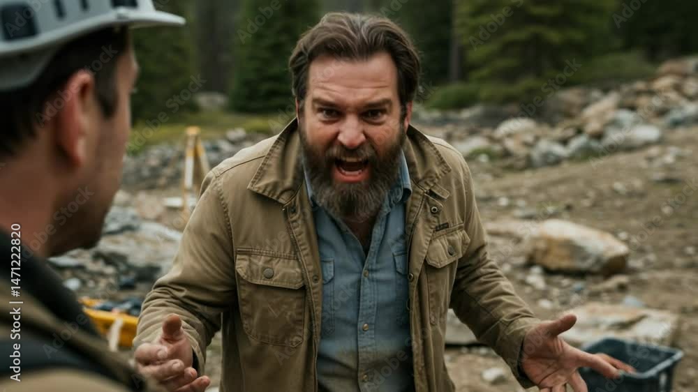 Frustrated Middle-Aged Man with a Beard Yelling in an Outdoor Construction Site Surrounded by Nature and Rocks, Expressing Anger and Disappointment Frustrated Middle-Aged Man with a Beard Yelling in an Outdoor Construction Site Surrounded by Nature and Rocks, Expressing Anger and Disappointment
